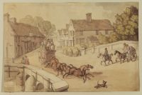 Village scene - passengers in a carriage drawn by horses crossing a bridge (Bagshot Bridge?)