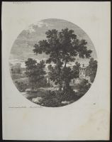 Landscape with trees and figures, a building on the right