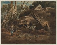 Farmyard with barns, ladder and figures (recto)