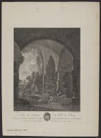 Figures beneath an arch of a ruined building
