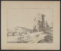 A tower on a hill by a river with a bridge