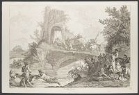Scene with figures on a riverbank and others crossing a bridge over a river
