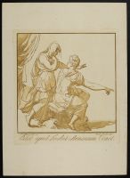 Two figures pointing to the the right, one seated on a rock