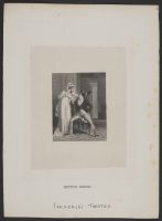 Woman in a white dress holding a mask and talking to a man sat on a chair