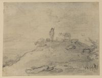 Shepherd and sheep on the crest of a hill