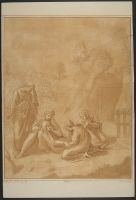 Virgin Mary weeping outside a tomb, in a landscape