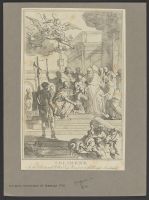 A group of figures paying homage to an ecclesiastic on the steps of a temple, two angels above