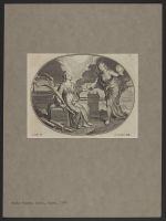 Title page - Seated martyr holding palm greets a semi-nude figure holding out a large ring on a long chain