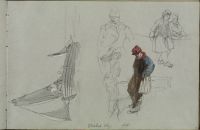 Fishing boat at sea and various figure studies (recto)