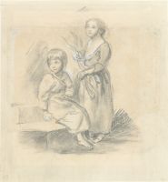 Study of beggar children, one seated on steps, the other holding a bundle of sticks