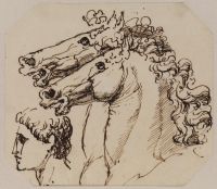Two horses' heads and a man's head, seen in profile
