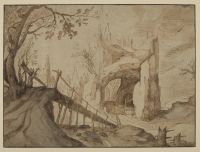 Imaginary landscape, with castle in hollowed rock, foot bridge and approach