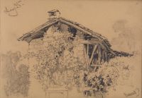 Gable end of cottage overgrowth with ivy