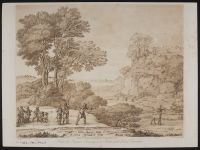 Landscape with hunters and a man shooting a deer with a bow and arrow