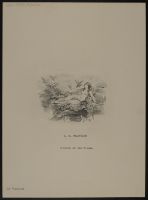 Vignette of a female nude in clouds with birds, arrows and flowers