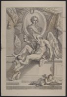 View of a monument, a bust portrait, and three allegorical  figures below