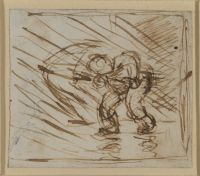 Boy with umbrella in the wind (recto)