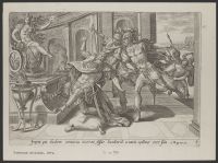King Hezekiah is cut down by his sons Adrammelech and Sharezer  while worshipping his god Nisroch at the temple.