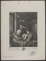 Interior scene with three figures looking at a print
