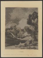 Figures resting by a tree trunk in a wooded landscape