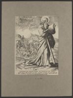 Saint James the Lesser with a scene of his martyrdom in the background