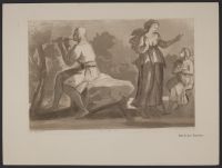 Preliminary study for the figures in a painting with a man playing a pipe and a woman standing at right near a seated figure
