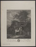 A horse being shoed outside a city wall
