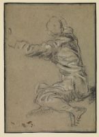 Man seated with his arms raised, viewed from behind
