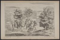 Winter landscape with men throwing snowballs
