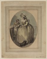 Woman with two children and a dog