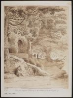 Wooded scene with a woman sitting at the foot of a large tree, other figures in the background