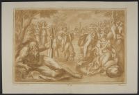 Mythological scene - river god and groups of figures, two women  on horseback