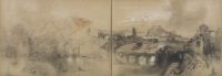 Panorama of town, with bridge and ruin on outcrop (see page 4 r, 5 r) (recto)