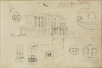 Perspective view of a palazzo (?), plans of columns, and the prow of a gondola, and the plan of a building