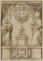 Design for a title page with two saints on pedestals and an imaginary Spanish coat of arms