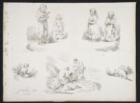 Studies of figures, a dog and a cat