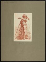 Figure of a warrior in a hat holding a staff, arm outstretched