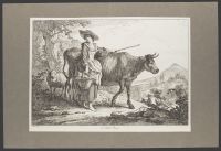 Landscape with a female figure standing by a cow and a sheep