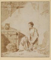 Young lady mourning a pet bird killed by a cat (recto)