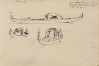 Three studies of a gondola. Top: in profile. L: from stern. R: from bow