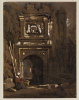 Gothic archway with a standing and a seated man