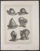 Two iron hats called pots, said to be taken from the French at the time of Charles I, an engraved steel cap and three helmets