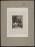 A man turning in fear from a body laid out on a bench and covered by a blanket