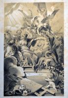 Funeral monument to Watteau with personifications of Fame, the Graces and instruments of arts surrounding his portrait