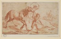 Boy leading a horse with figures on horseback in background