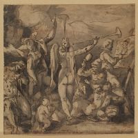 Allegory of the Arts, with Fame at the centre, Minerva dictating to History (?), Hercules, and at right Painting and Sculpture