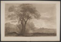 Landscape; two figures near a tree in the foreground, buildings seen in silhouette on the horizon