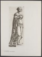 Antique female figure holding wreath, oblique view Plate 40 from Signorum veterum icones, 100 plates plus  title-page, of etchings after classical sculpture, dedicated to  Johannes Wtenbogaard and Constantijn Huygens