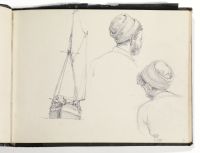 Small sailing vessel viewed from the bow ; two studies of head of a sailor viewed from the rear