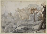 Landscape with trees and buildings (recto)